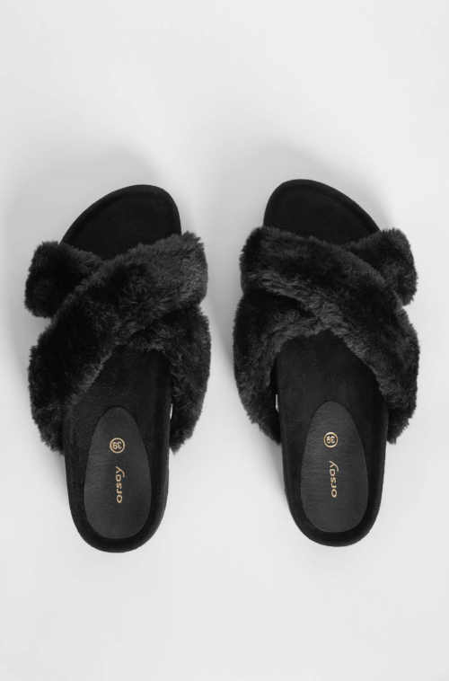 Čierne kožušinové dámske papuče